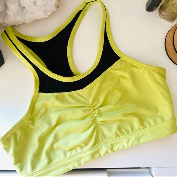 PURE Yellow Black Mesh Inset Ruched Front Sports Bra Crop Racerback S - Picture 5 of 8